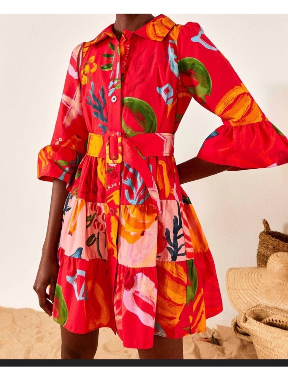 Farm Rio Mixed Fruits Ocean Belted Mini Dress